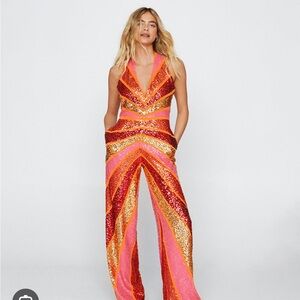 Nasty Gal Sequin Color Block Jumpsuit - Orange and Pink